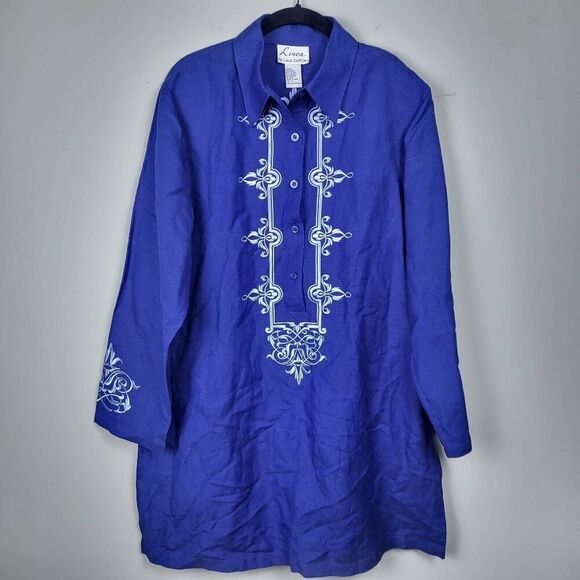 Linea Louis Dell Olio Womens Embroidered Linen Tunic Top Medium Blue Hippie NWT - Picture 1 of 7